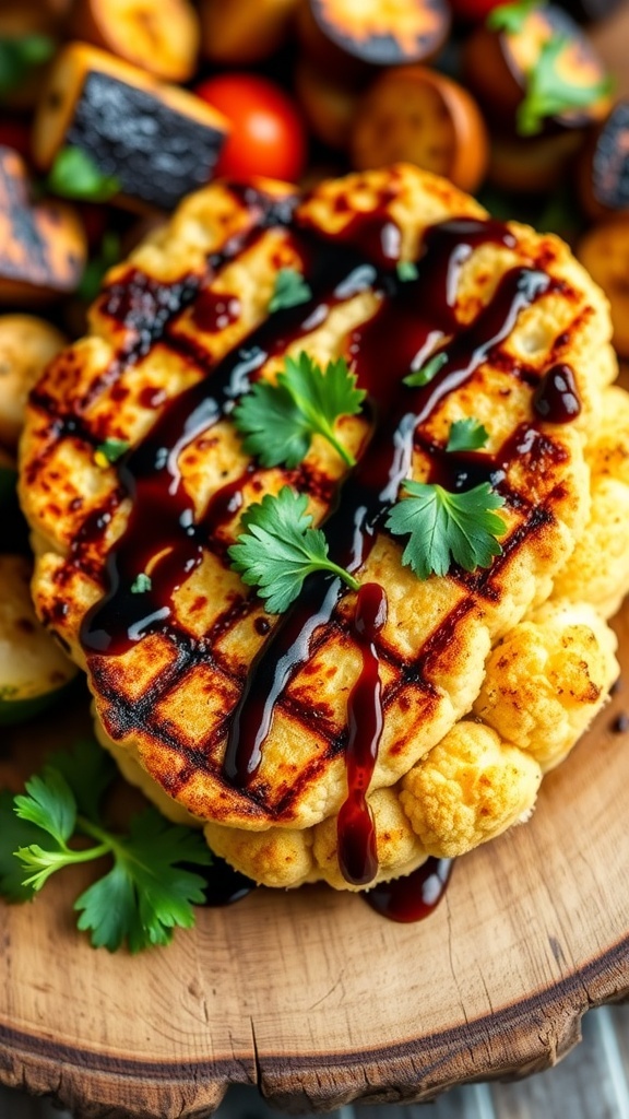 Grilled cauliflower steak with balsamic glaze and parsley on a wooden plate with grilled vegetables.